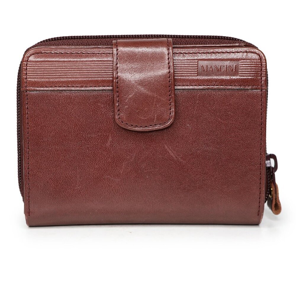 MANCINI Unisex Leather Medium Clutch Wallet Brown Plaid Lining Travel